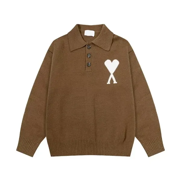 Ami Paris Heart Logo Knit Polo Brown Sweater - 1
