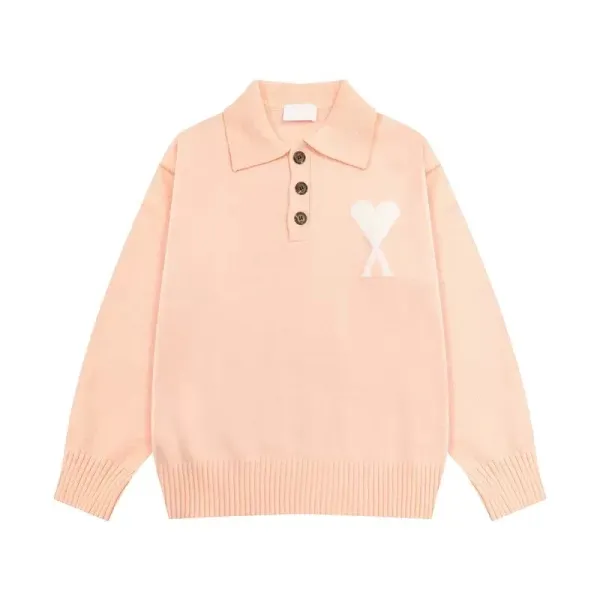 Ami Paris Heart Logo Knit Polo Peach Sweater - 1