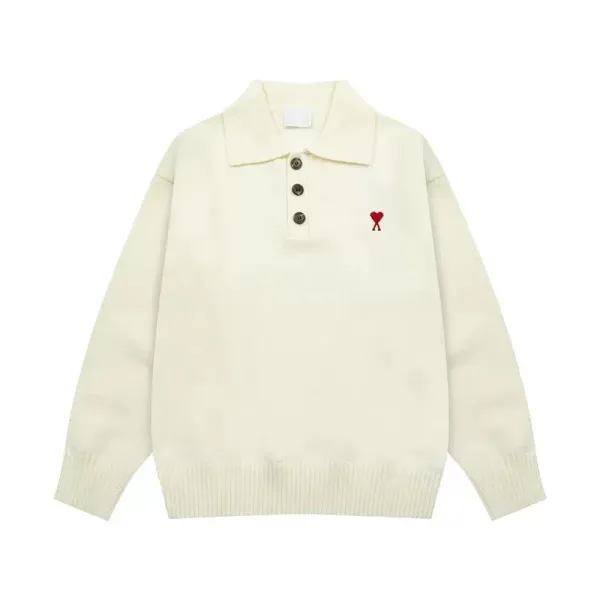 Ami Paris Heart Logo Knit Polo Beige Sweater - 1