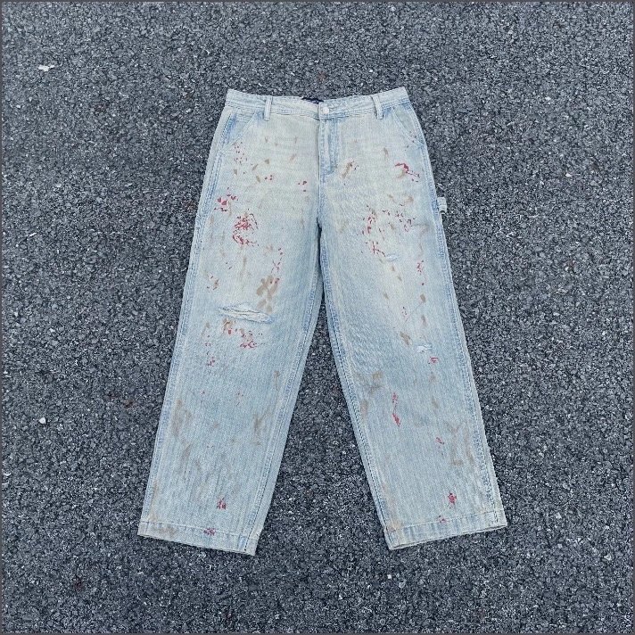 Design Distressed Blood-Splatter Washed Light Blue Jeans - 1