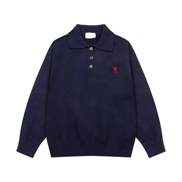 Ami Paris Ami de Coeur Navy Knit Polo Sweater - 1