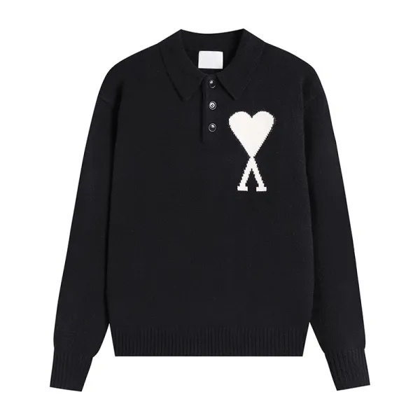 Ami Paris Heart Logo Knit Polo Black Sweater - 1