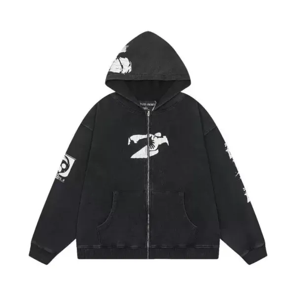 Tants Riches Distressed Graphic Zip-Up Hoodie Black - 1