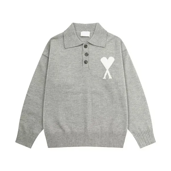 Ami Paris Heart Logo Knit Polo Gray Sweater - 1