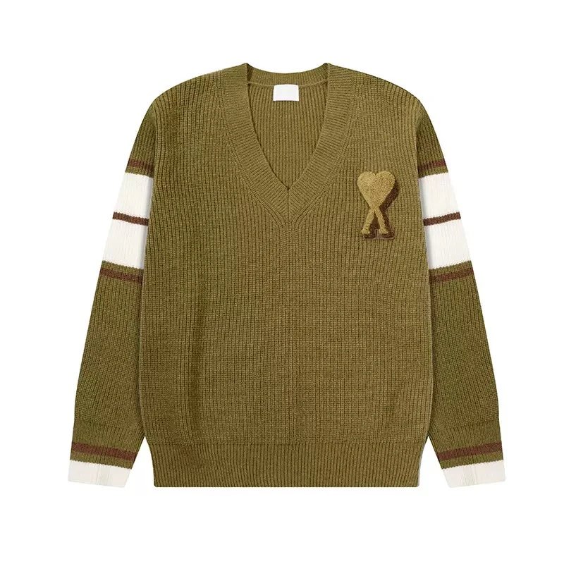 Ami Paris Heart Logo V-Neck Sweater Beige - 3
