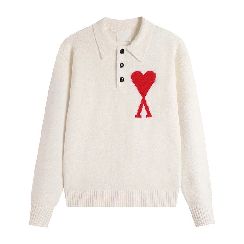 Ami Paris Ami de Coeur Knit Polo Sweater White - 1