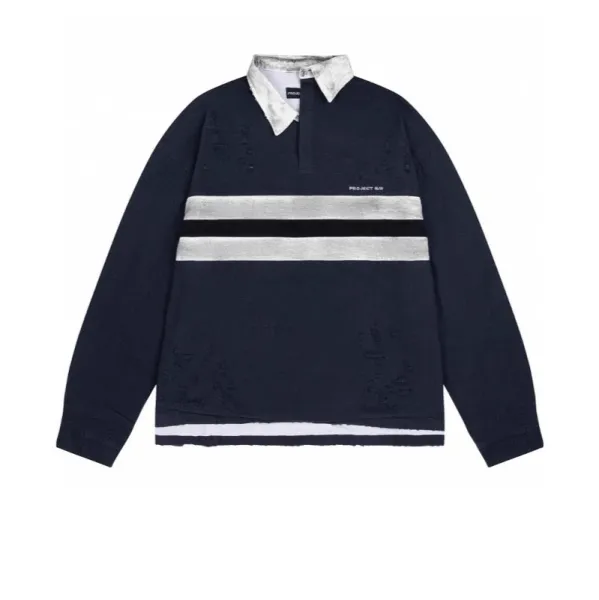 Project 6 x Rugby Shirt Navy Distressed Striped Polo - 1
