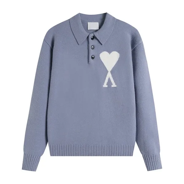 Ami Paris Ami de Coeur Knit Polo Sweater Light Blue - 1