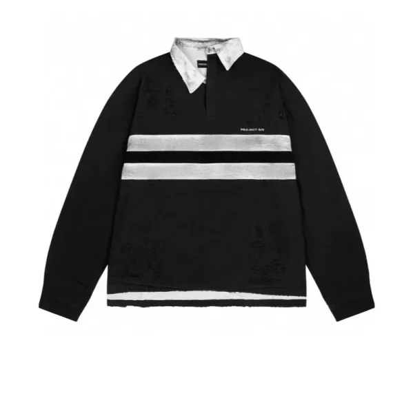 Project 69 Rugby Shirt Black with Silver Stripes Polo - 1
