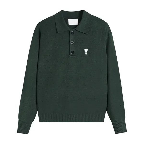 Ami Paris Ami de Coeur Knit Polo Army Green Sweater - 1