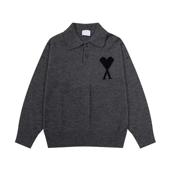 Comme des Garçons Play Heart Logo Knit Polo Gray Sweater - 1