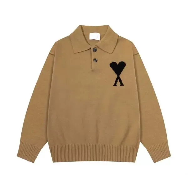 Ami Paris Heart Logo Knit Polo Beige Sweater - 1