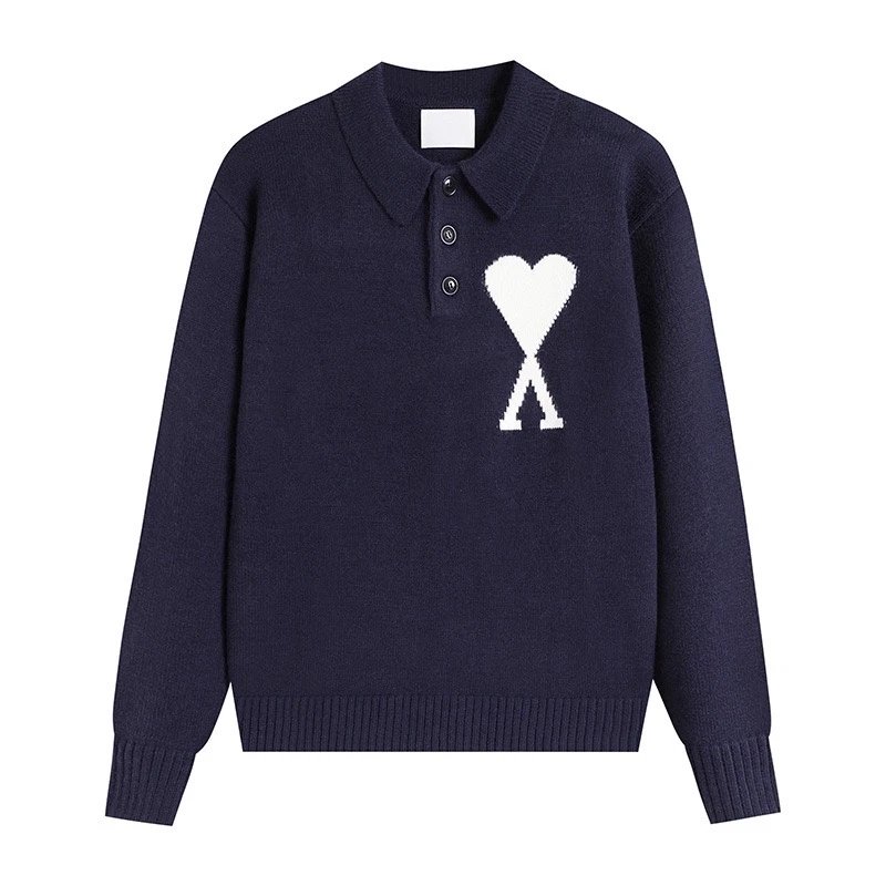 Ami Paris Heart Logo Knit Polo Navy Sweater - 1