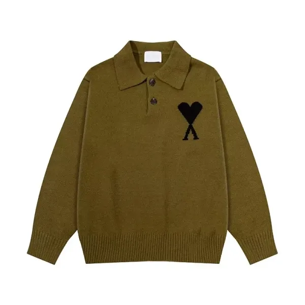 Ami Paris Heart Logo Knit Polo Olive Green Sweater - 1