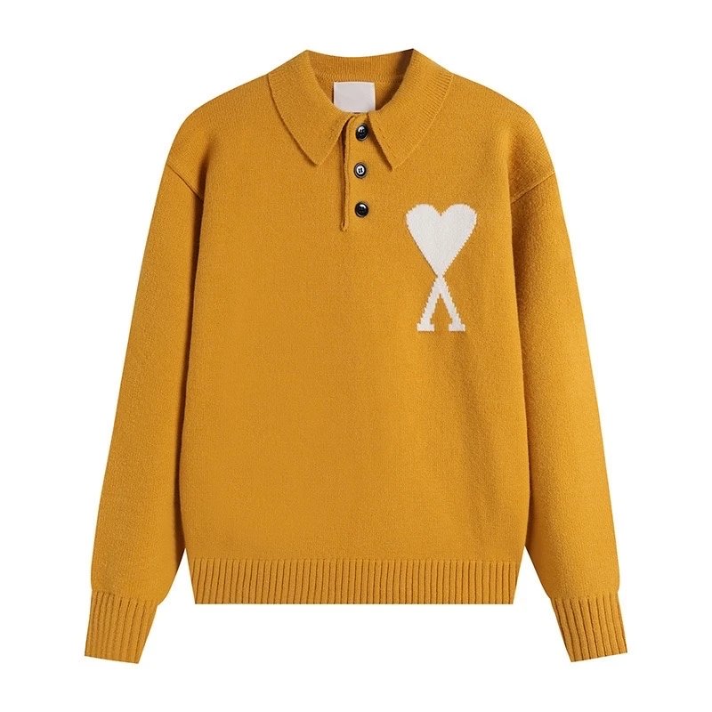 Ami Paris Heart Logo Knit Polo Sweater Mustard - 1