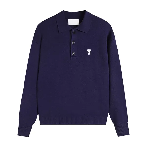 Ami Paris Ami de Coeur Knit Polo Navy Sweater - 1
