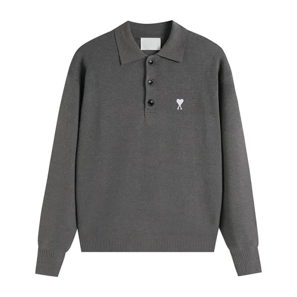 Ami Paris Heart Logo Knit Polo Gray Sweater - 1