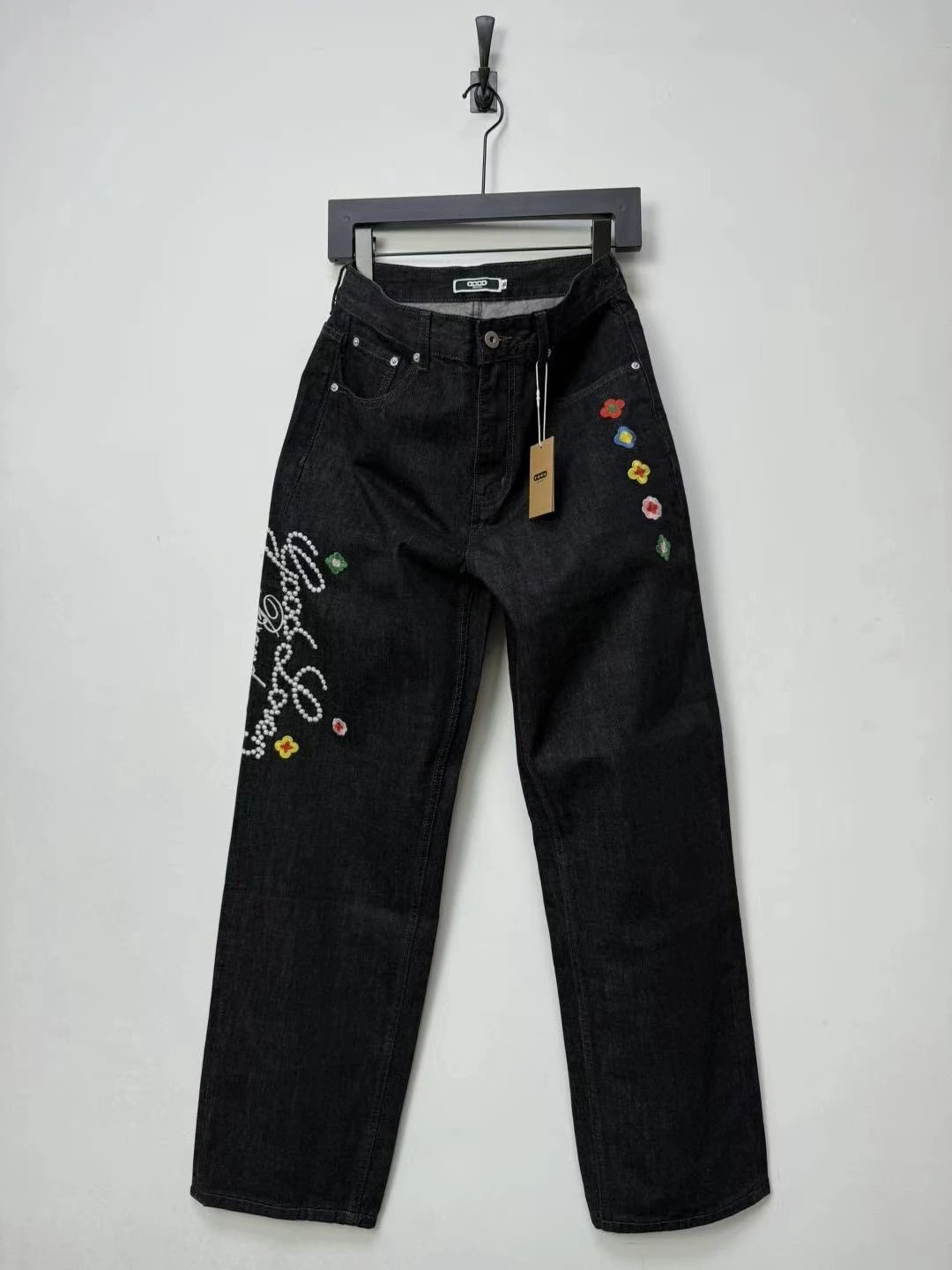 Off-White x Unknown Designer Embroidered Floral Pearl Jeans Black - 2