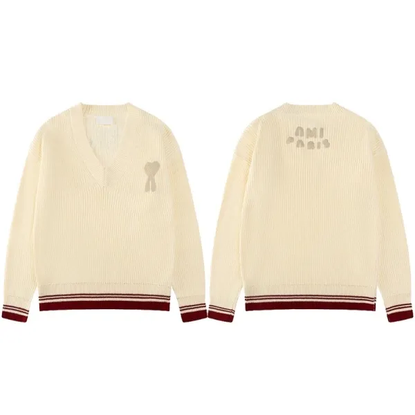 Ami Paris V-Neck Ribbed Knit Sweater Beige with Burgundy Trim - 1