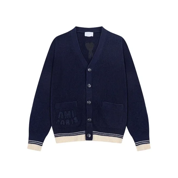 AMI Paris V-Neck Cardigan Navy with Cream Trim - 1