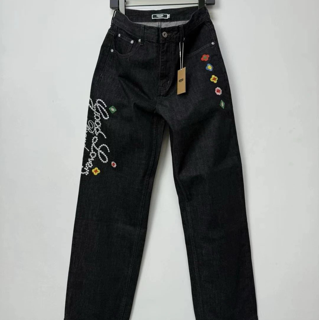 Off-White x Unknown Designer Embroidered Floral Pearl Jeans Black - 1