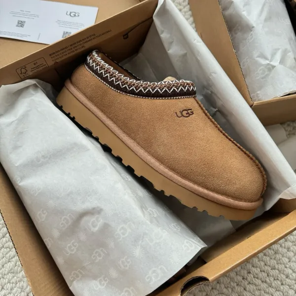 UGG Tasman Knit Trim Slippers Beige Suede Slippers - 1