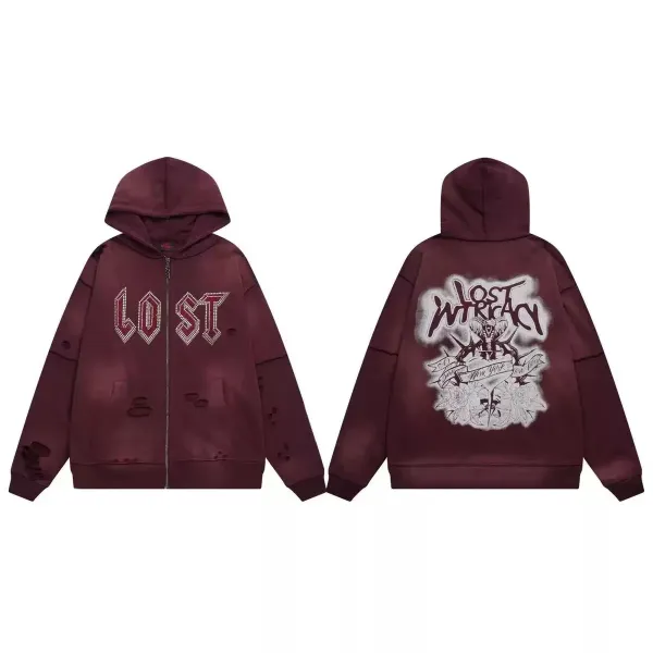 Lost Intricacy Distressed Rhinestone Hoodie Burgundy - 1