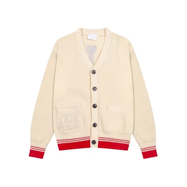 Ami Paris Heart Embroidered Cardigan Beige with Red Trim Cardigan - 1