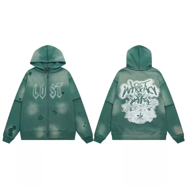 Lost Intricacy Distressed Tie-Dye Hoodie in Army Green - 1