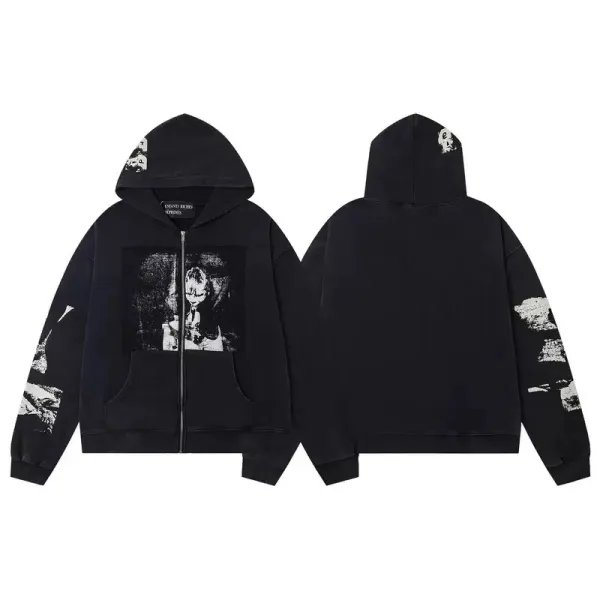 Design Graphic Print Zip-Up Hoodie Black - 1