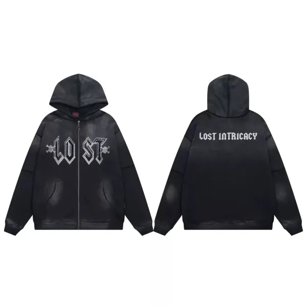 Lost Intricacy Distressed Zip-Up Hoodie Black - 1