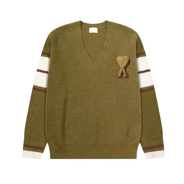 Ami Paris Heart Logo V-Neck Sweater Olive Green - 1