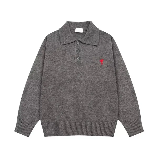 Comme des Garçons Play Heart Knit Polo Gray Sweater - 1