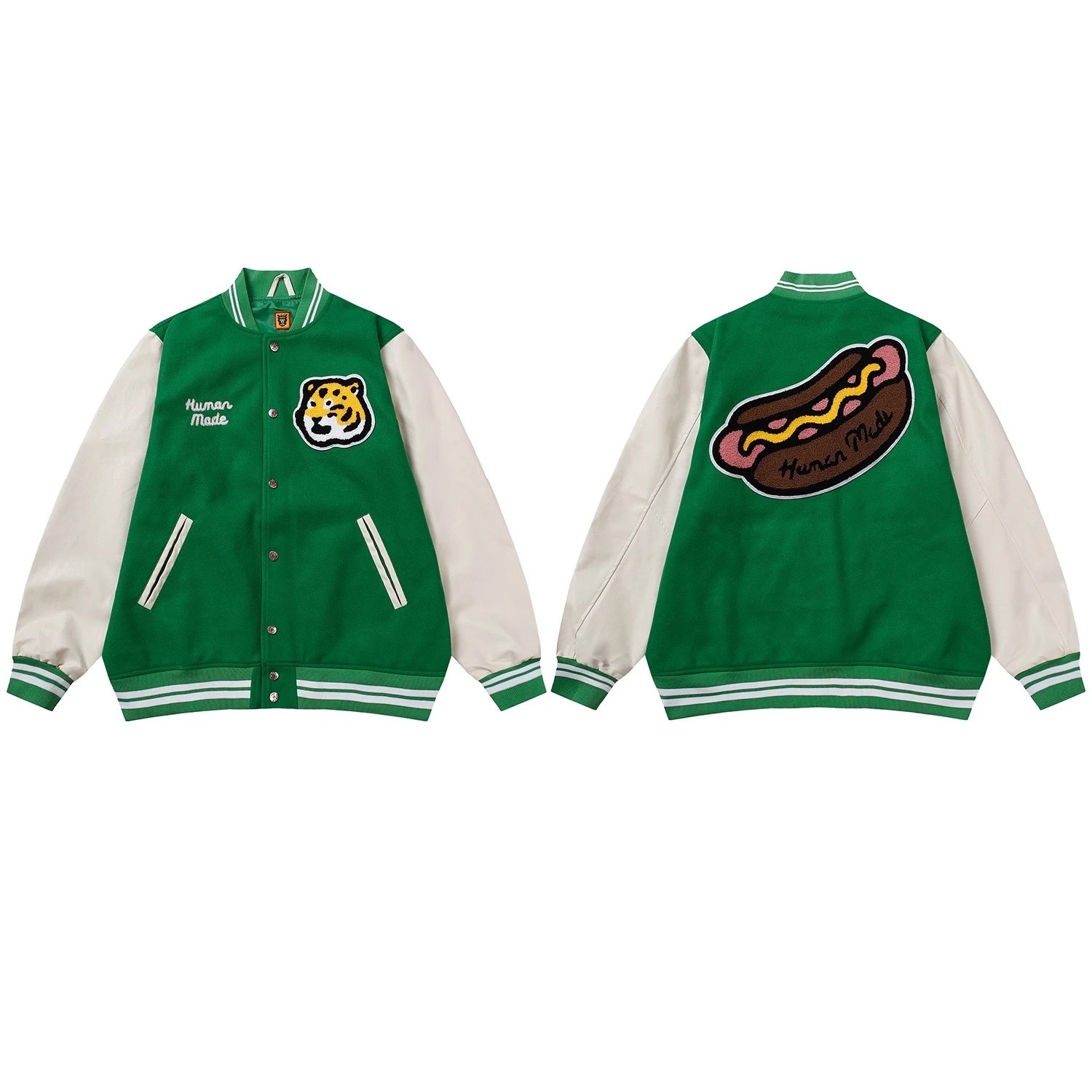 Human Made Tiger & Hot Dog Varsity Jacket Green - 1