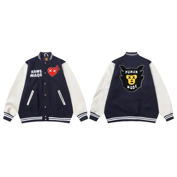 KAWS x Human Made Varsity Jacket Navy and Cream - 1