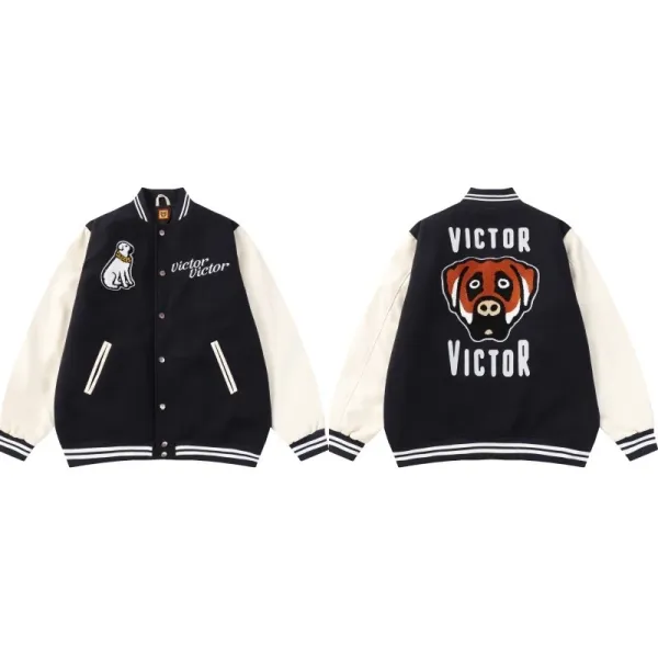 Victor Dog Embroidered Varsity Jacket Black and Cream - 1