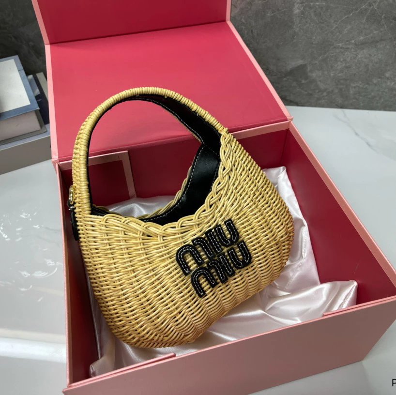Miu Handbags Woven Rattan Logo Handbag — Black