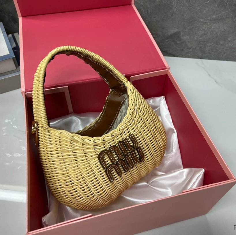 Miu Handbags Woven Rattan Logo Handbag — Brown