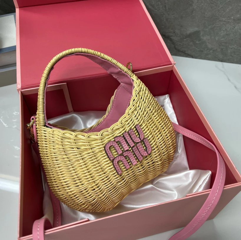 Miu Handbags Woven Rattan Logo Handbag — Pink