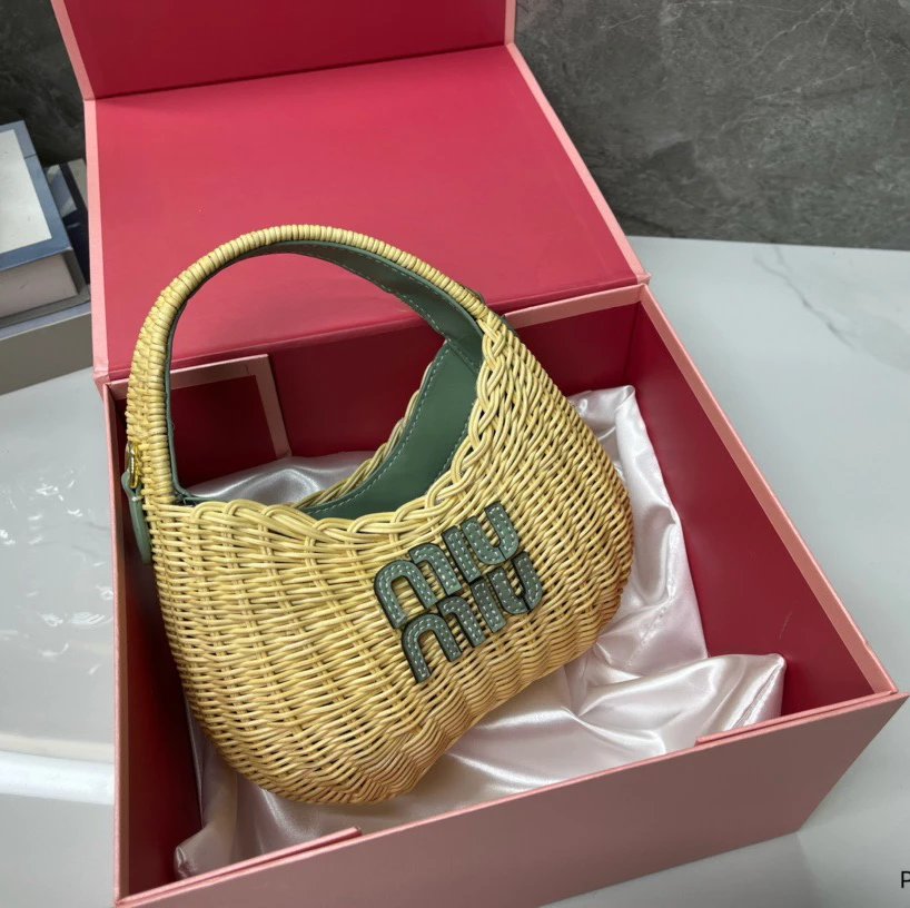 Miu Handbags Woven Rattan Logo Handbag — Green