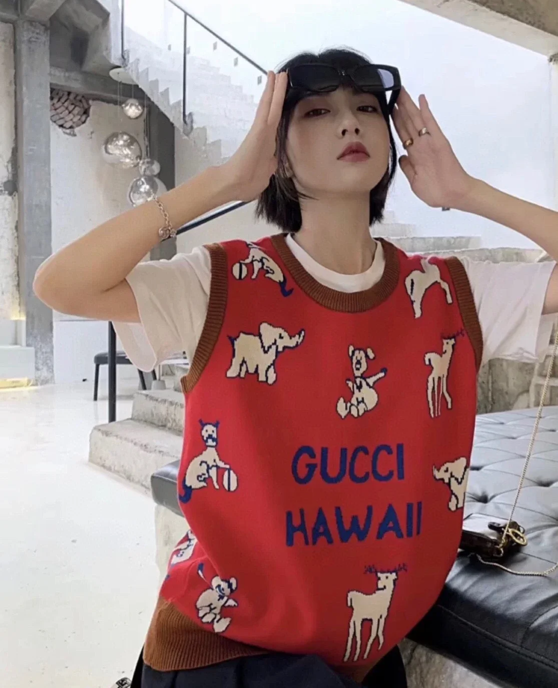 GUCCI Gucci 2020 New Animal Pattern Red Knitted Vest Sweater Vest