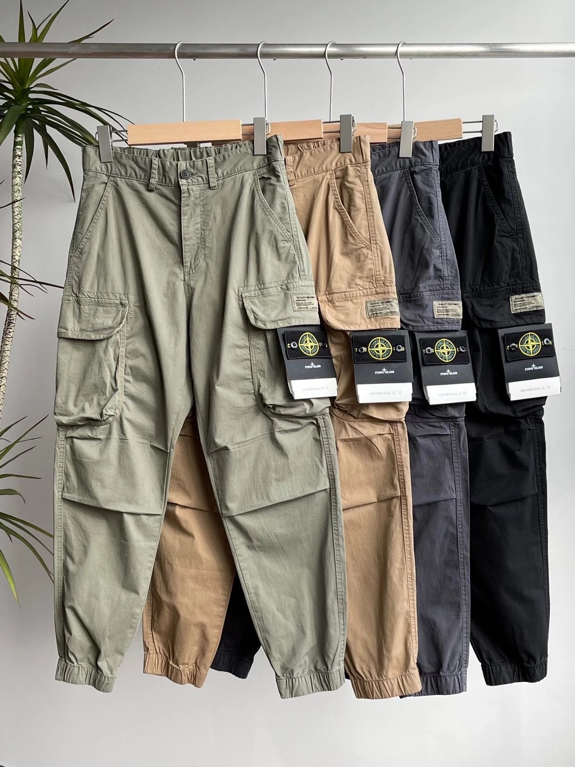 Item Thumbnail for STO stone spring/summer new military industrial style vintage wash side pocket corset foot cuff cargo pants function casual pants military pants cinched pants sweatpants black gray blue army green khaki pants ly