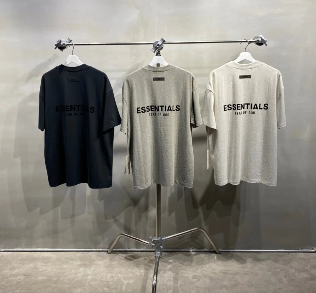 Ships on March 10th! FOG Essentials Line Essentials Season 8 Front & Back Small Flocked Logo Short Sleeve T-Shirt with Letters – Original Factory Fabric 240gsm