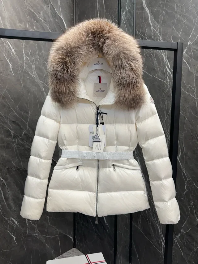 Moncler Down Jackets Belted fur-trim hood puffer jacket product detail image 14