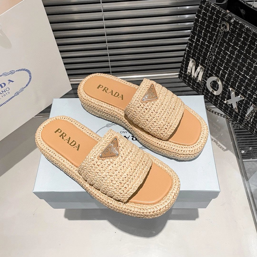 Prada Raffia-Woven Platform Slide Sandals