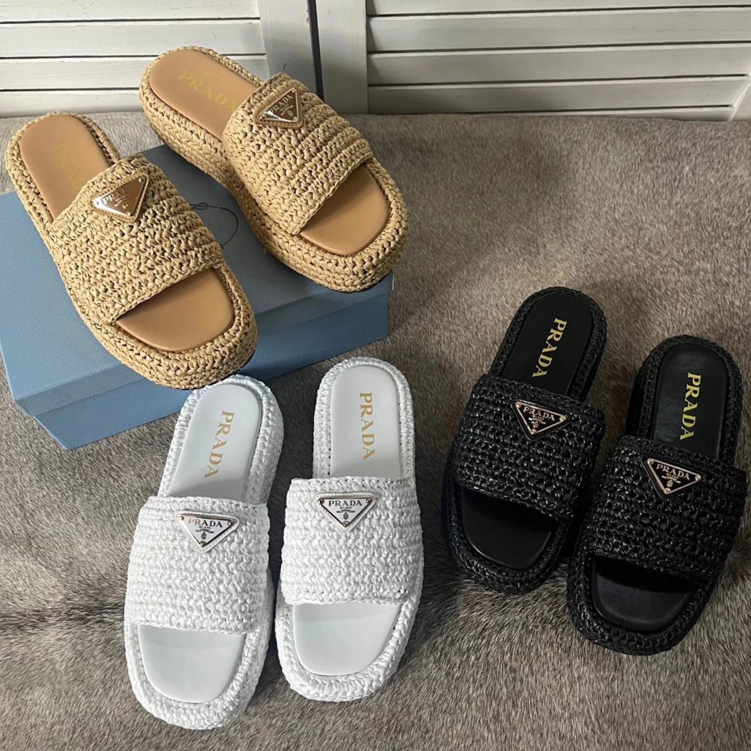 P home 2023 new triangle badge woven shoes thick bottom straw slippers