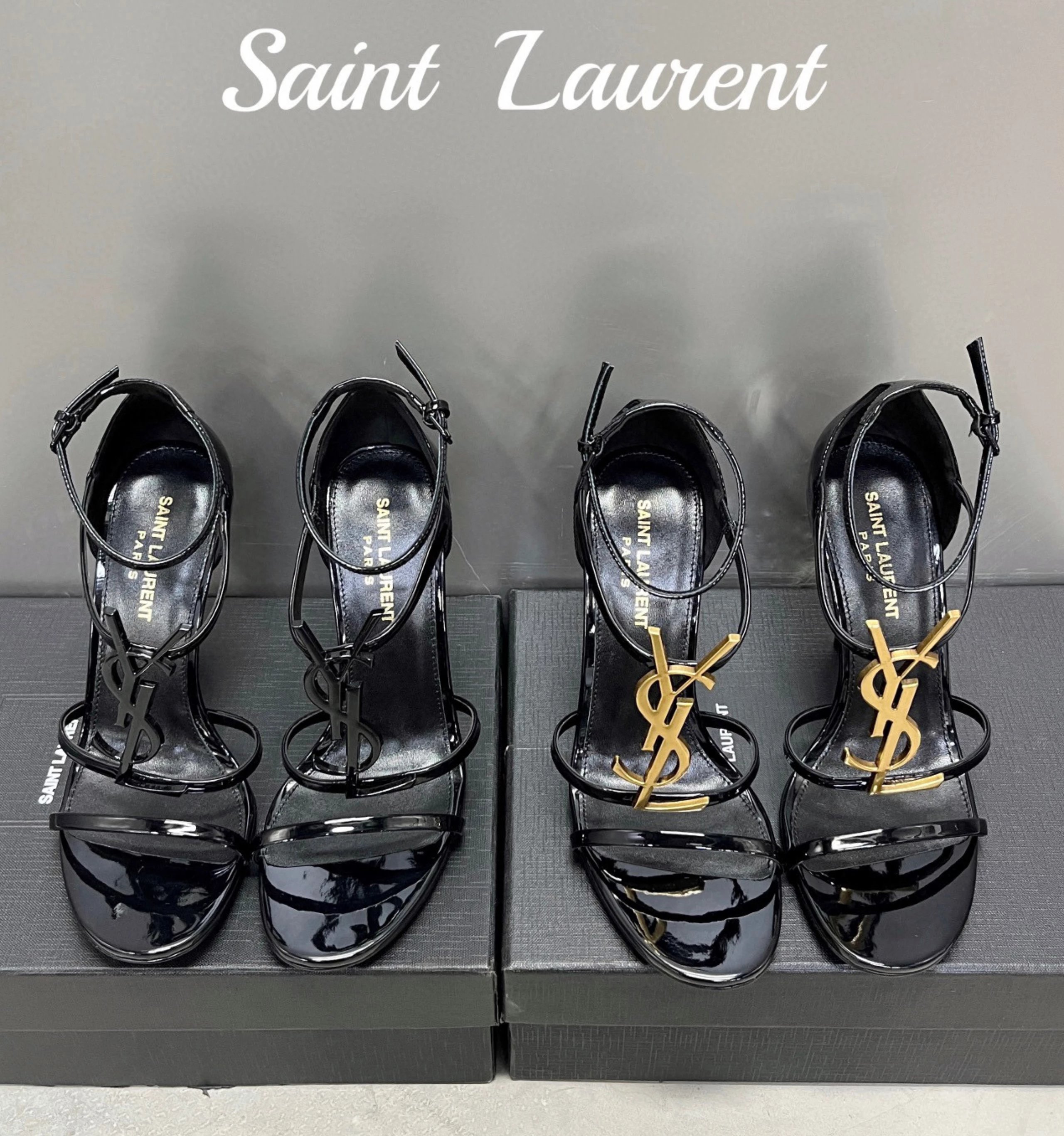 【 In stock 】 YSL Saint Laurent logo letter patent leather sandals for autumn and winter, women's slim heels, super high heels, one button fashion, sexy open toe women's shoes
