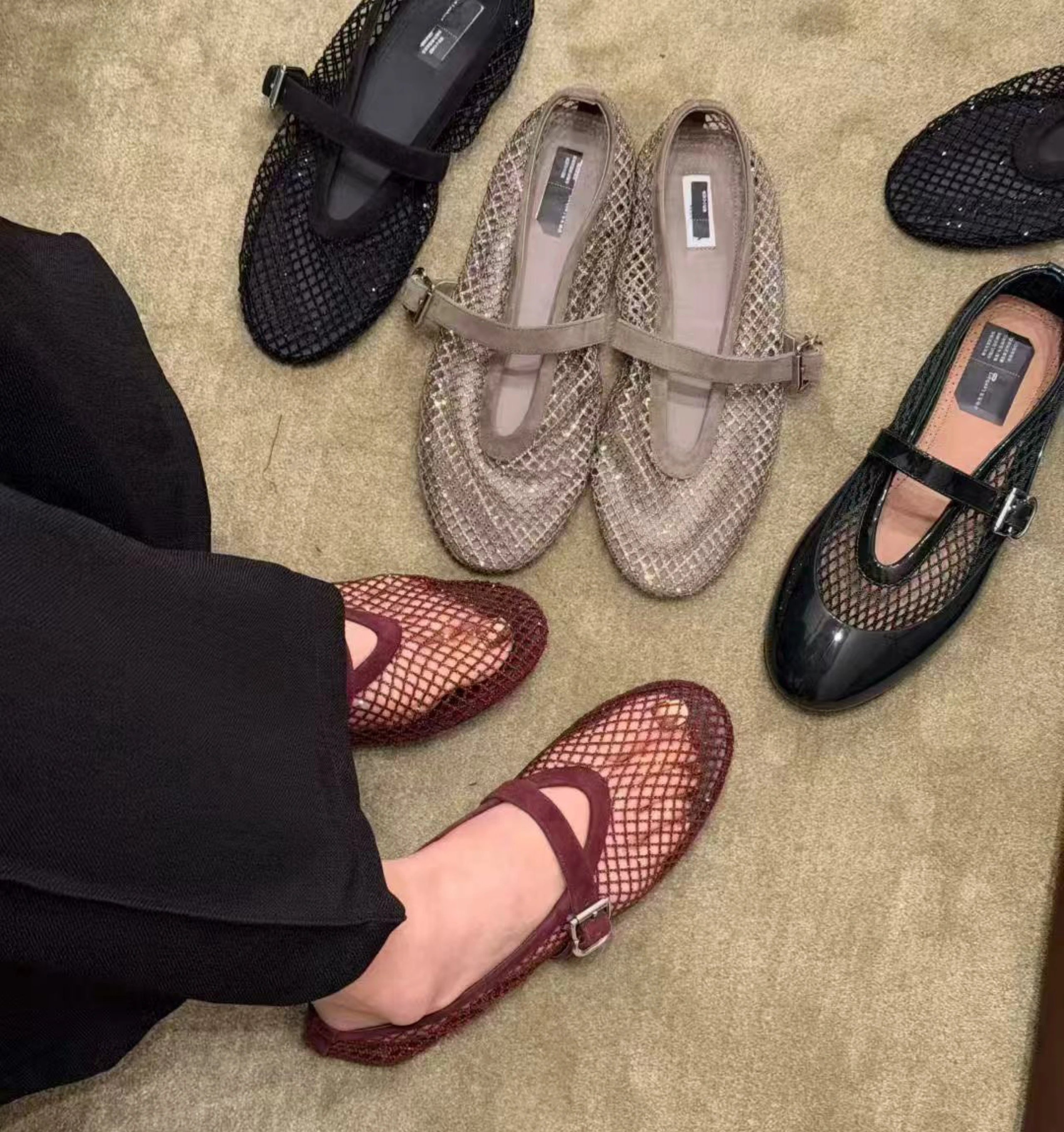 Alaia* Women's New 25 Collection Woven Flat Ballet Shoes, Knitted Metallic Thread Flat Ballet Flats, Mesh Knit Mary Jane Ballet Shoes for Women, ALAIA Mesh Ballet Flats with Ankle Strap, Embellished with Rhinestones, Flat Openwork Fishnet Mary Jane Pumps