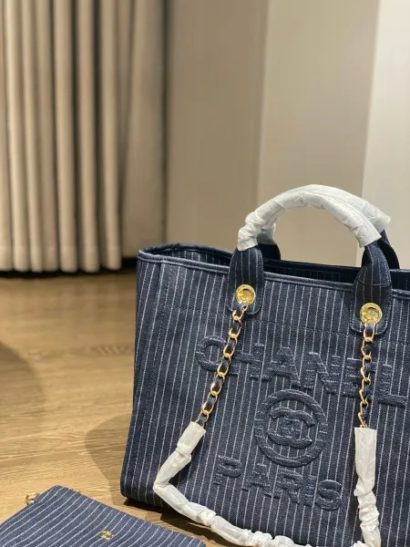 Chanel Deauville Tote Bag White Canvas with Black Logo - 62