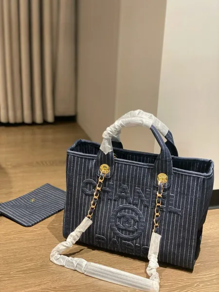 Chanel Deauville Tote Bag White Canvas with Black Logo - 64